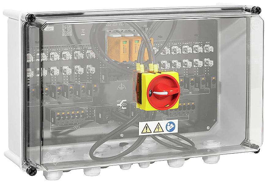 Ein grauer Schaltschrank mit transparentem Deckel zeigt innen elektrische Komponenten und Kabel. Ein großer, roter Not-Aus-Schalter ist sichtbar.