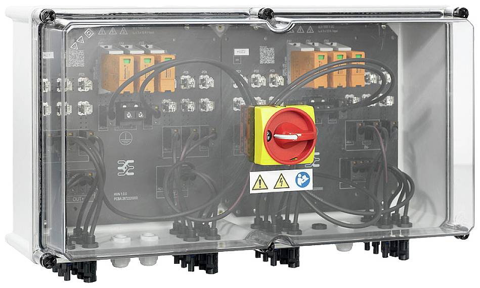 Schaltschrank mit mehreren roten und orangen Schaltern sowie Kabeln. Ein großer gelber Hauptschalter mit rotem Griff in der Mitte.