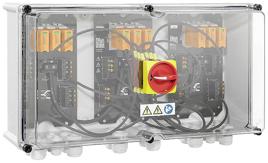 Ein transparenter Sicherungskasten zeigt mehrere schwarze und orangefarbene Schaltstellungen. In der Mitte befindet sich ein roter Umschalter.