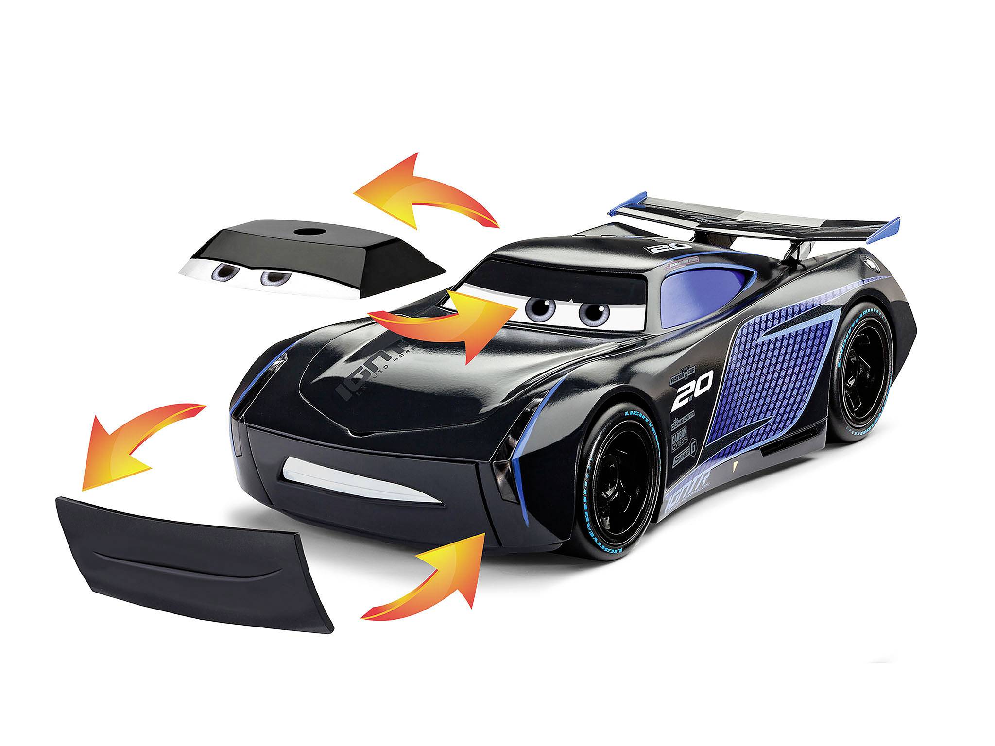 Ein schwarzes Spielzeugauto mit Spoiler und blauen Details, abnehmbare Teile an Motorhaube und Front; Pfeile zeigen auf entfernbare Teile.