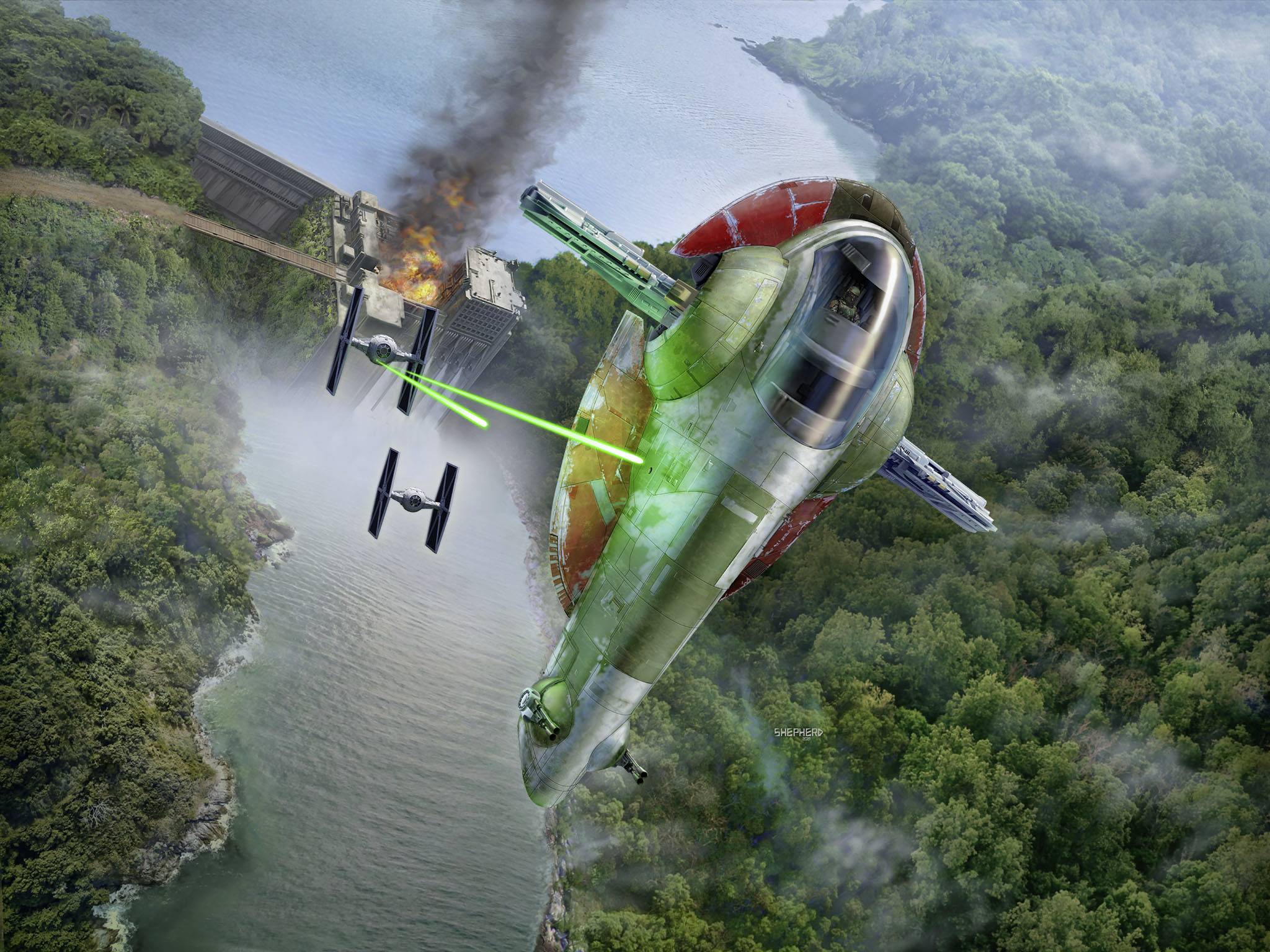 Ein Raumschiff verfolgt ein anderes über einen Fluss in einer waldreichen Landschaft. Das vordere Raumschiff feuert grüne Laser.