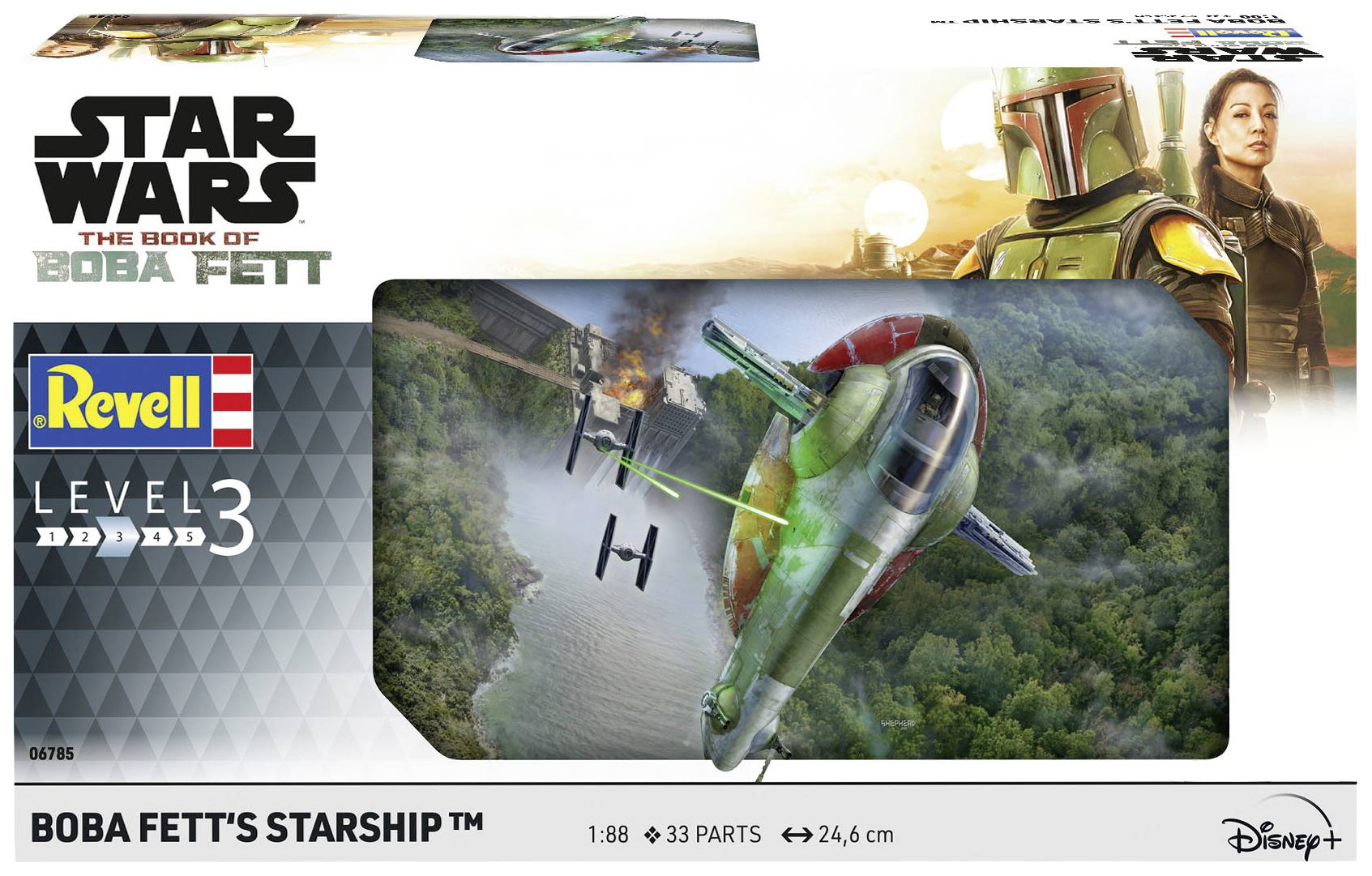Verpackung eines Modellbausatzes von Boba Fetts Raumschiff aus 'Star Wars: The Book of Boba Fett', mit komplettem Bild des Raumschiffs.