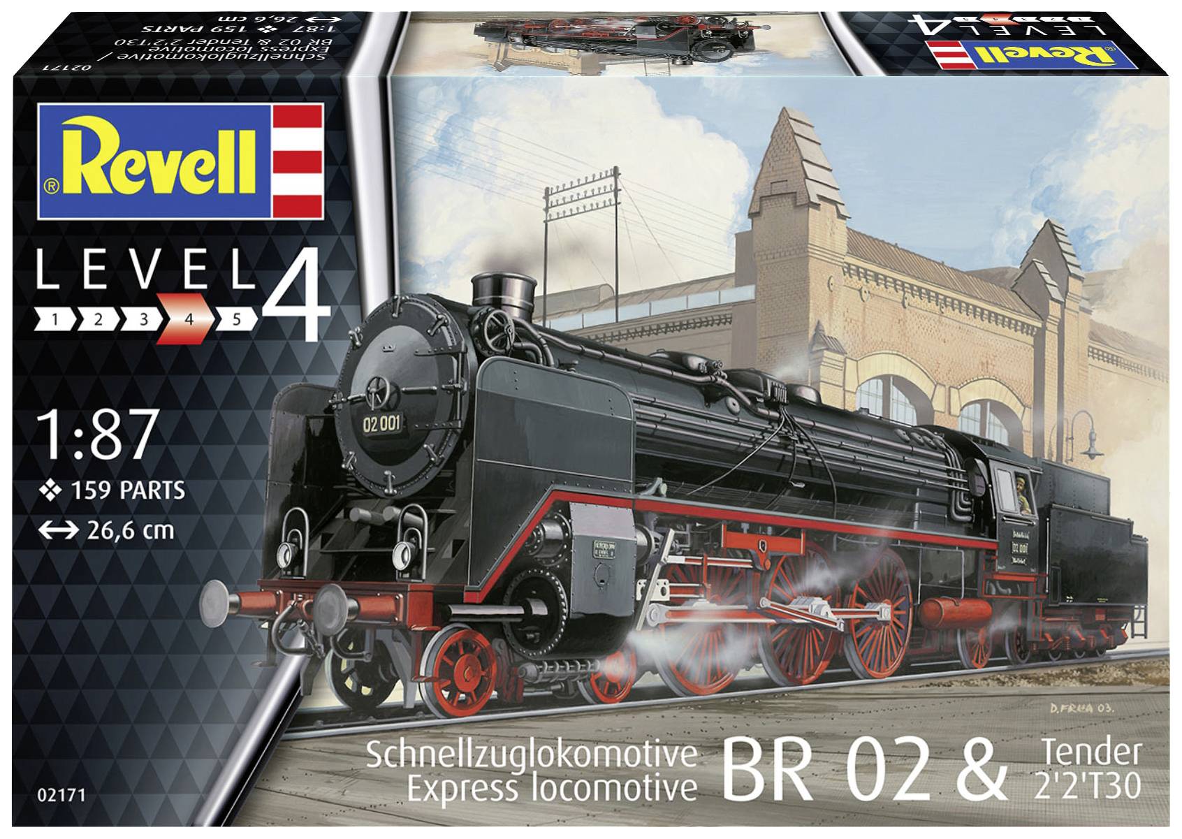 Revell Bausatz der Dampflokomotive BR 02 mit Tender. Maßstab 1:87, Level 4, 159 Teile. Illustration der Lokomotive vor einem Bahnhof.