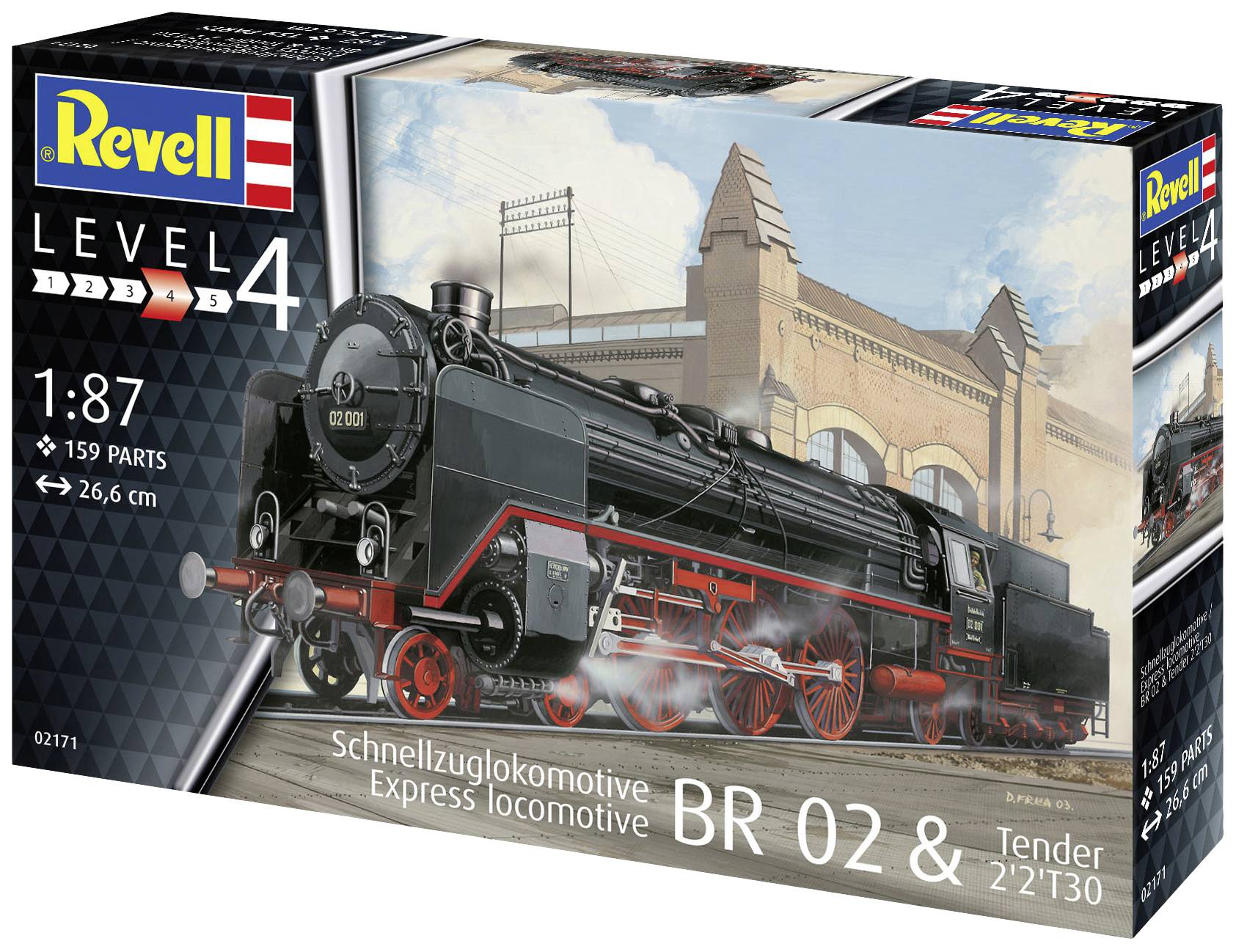 Revell Modellbausatz einer historischen Schnellzuglokomotive BR 02 im Maßstab 1:87, abgebildet vor einem Bahnhofsgebäude.