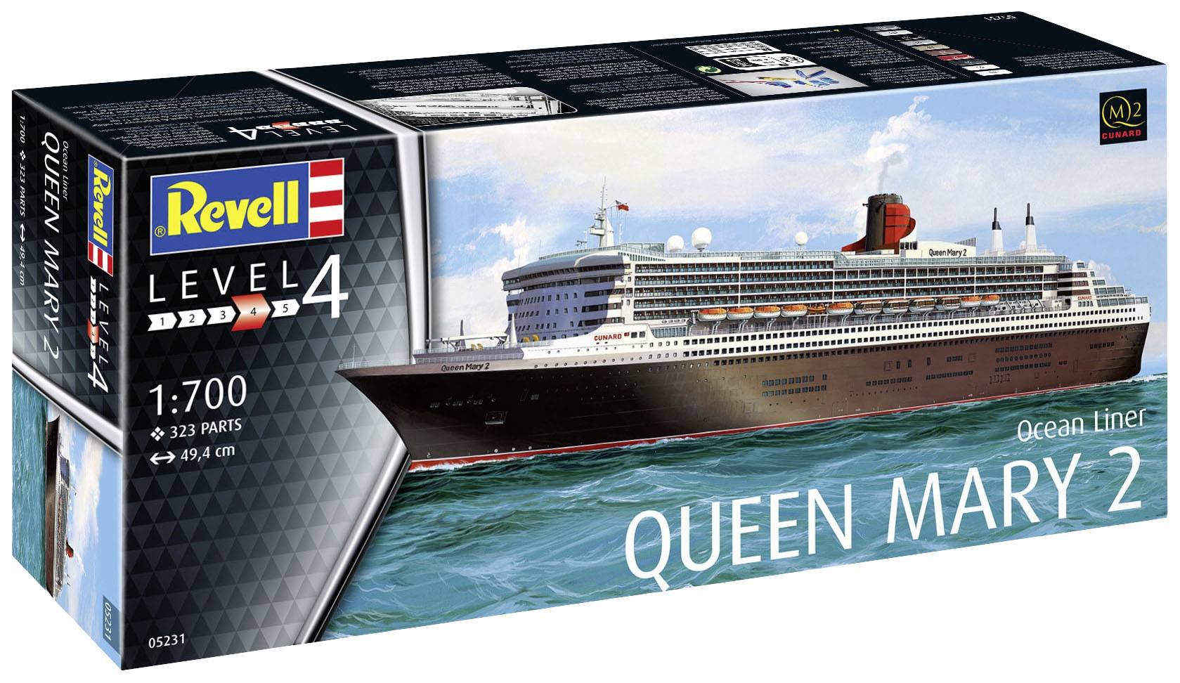 Modellbaukasten der 'Queen Mary 2' von Revell, Maßstab 1:700, Level 4, mit 323 Teilen, für erfahrene Bastler geeignet.