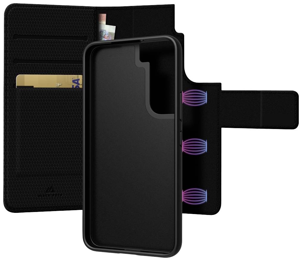 Schwarze Handyhülle mit Karten- und Geldtasche, zeigt Fächer für Kreditkarten und Bargeld. Klappbar mit integriertem Schutz.