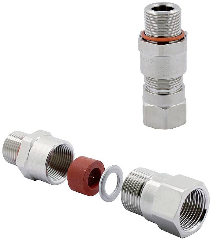 Zwei metallische Hydraulikanschlüsse und eine rote Dichtung aus Kunststoff. Einer der Anschlüsse ist geöffnet und zeigt die Dichtung.