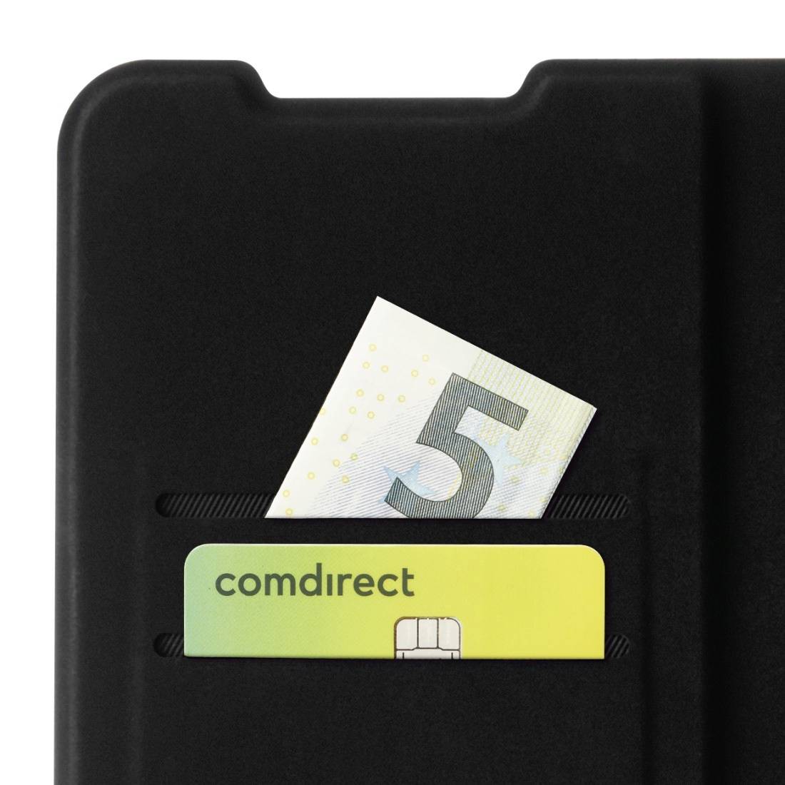 Ein schwarzer Kartenhalter mit einem herausragenden 5-Euro-Schein und einer comdirect-Karte steckt in einem Schlitz.