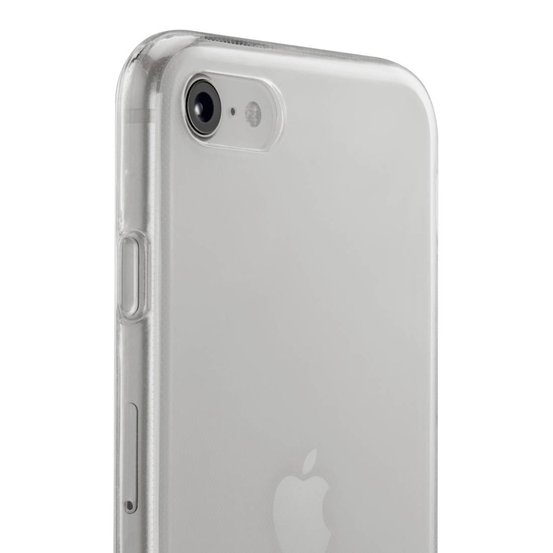 Ein Smartphone mit einer transparenten Schutzhülle. Auf der Rückseite ist ein Logo sichtbar. Eine Kamera befindet sich oben links.