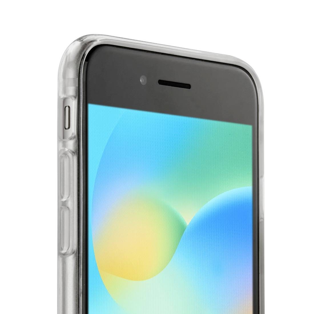 Ein Smartphone mit transparentem Hüllencover, zeigt einen bunten Hintergrundbildschirm. Gerät ist teilweise von der Seite sichtbar.