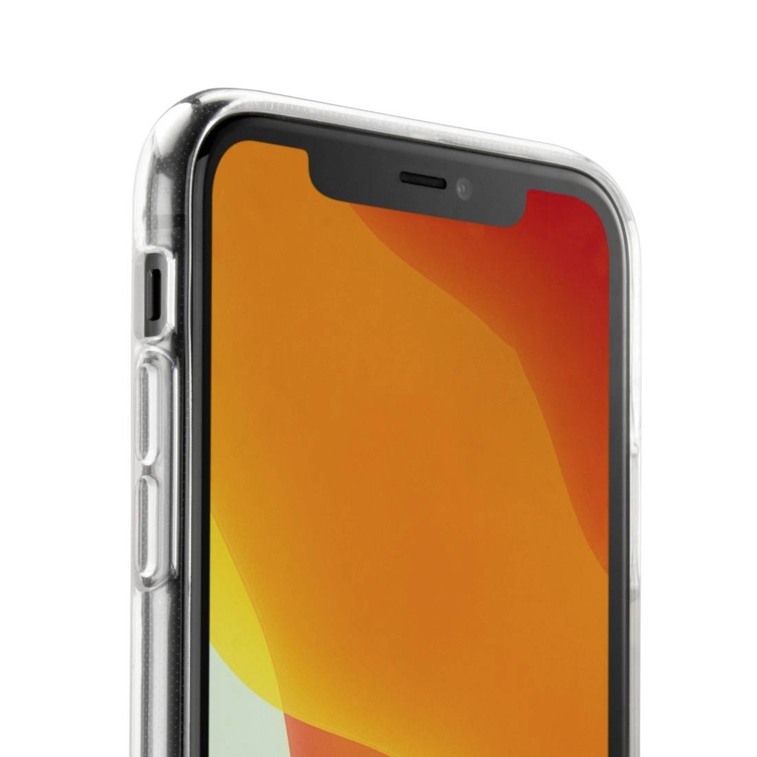 Ein modernes Smartphone mit transparentem Schutzcover. Der Bildschirm zeigt einen orangefarbenen Hintergrund.