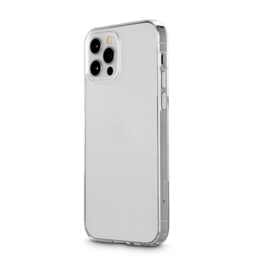 Ein Smartphone mit transparenter Schutzhülle, Rückansicht zeigt drei Kameralinsen oben links.