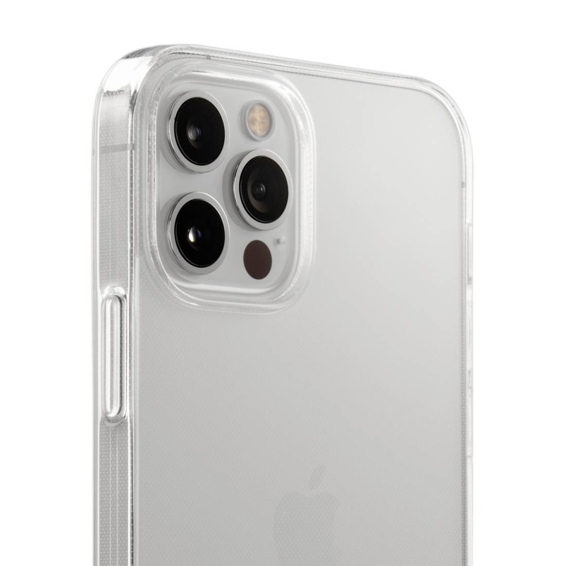 Ein Smartphone mit durchsichtigem Gehäuse zeigt die Rückseite mit drei Kameraobjektiven und einem Blitzlicht.