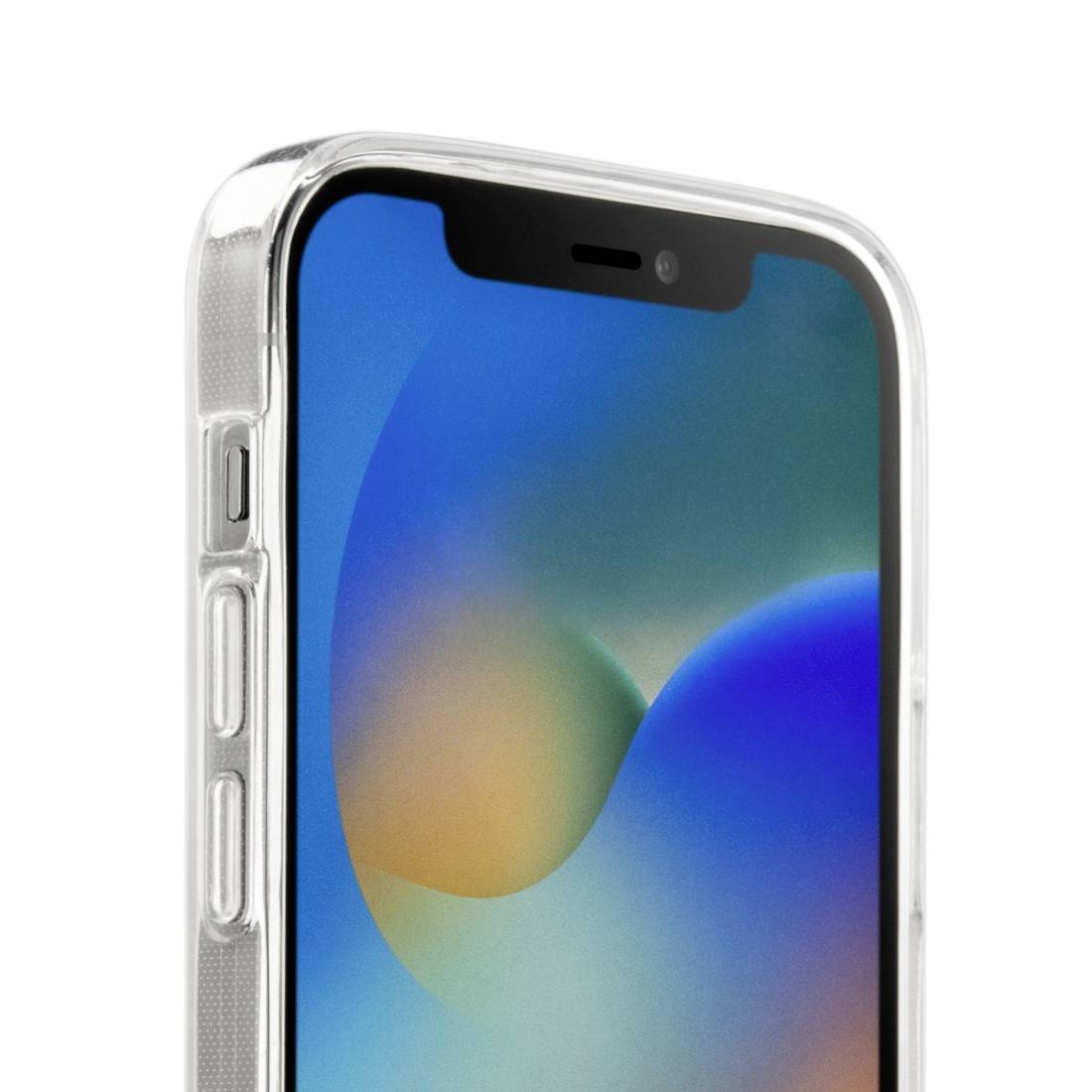 Ein Smartphone mit Hülle und abstraktem Hintergrund auf dem Display, zeigt eine Mischung aus Blau- und Grüntönen.