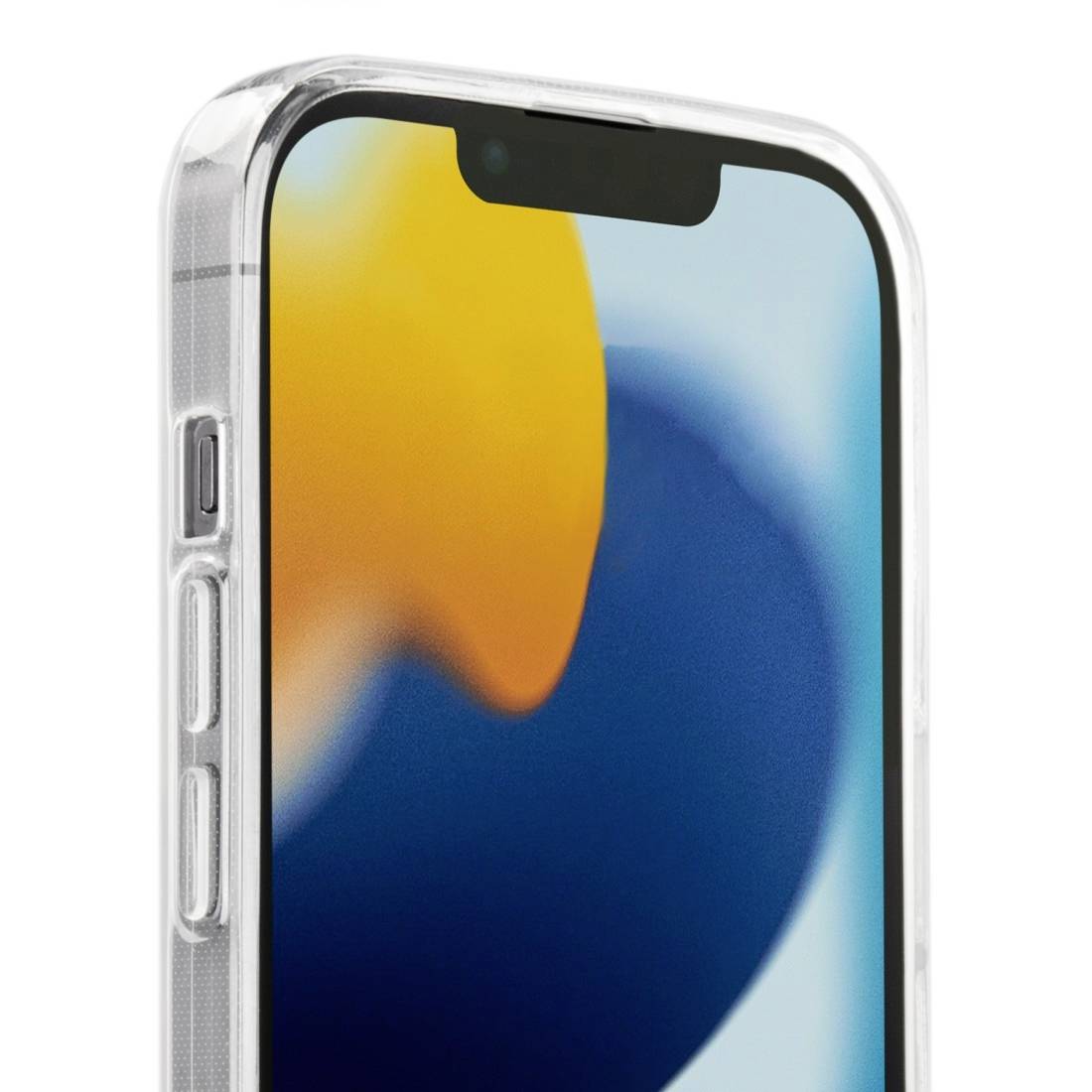 Smartphone in transparent Hülle, Bildschirm zeigt abstraktes Hintergrundbild in Blau und Orange. Obere Kante und Seitentasten sind sichtbar.