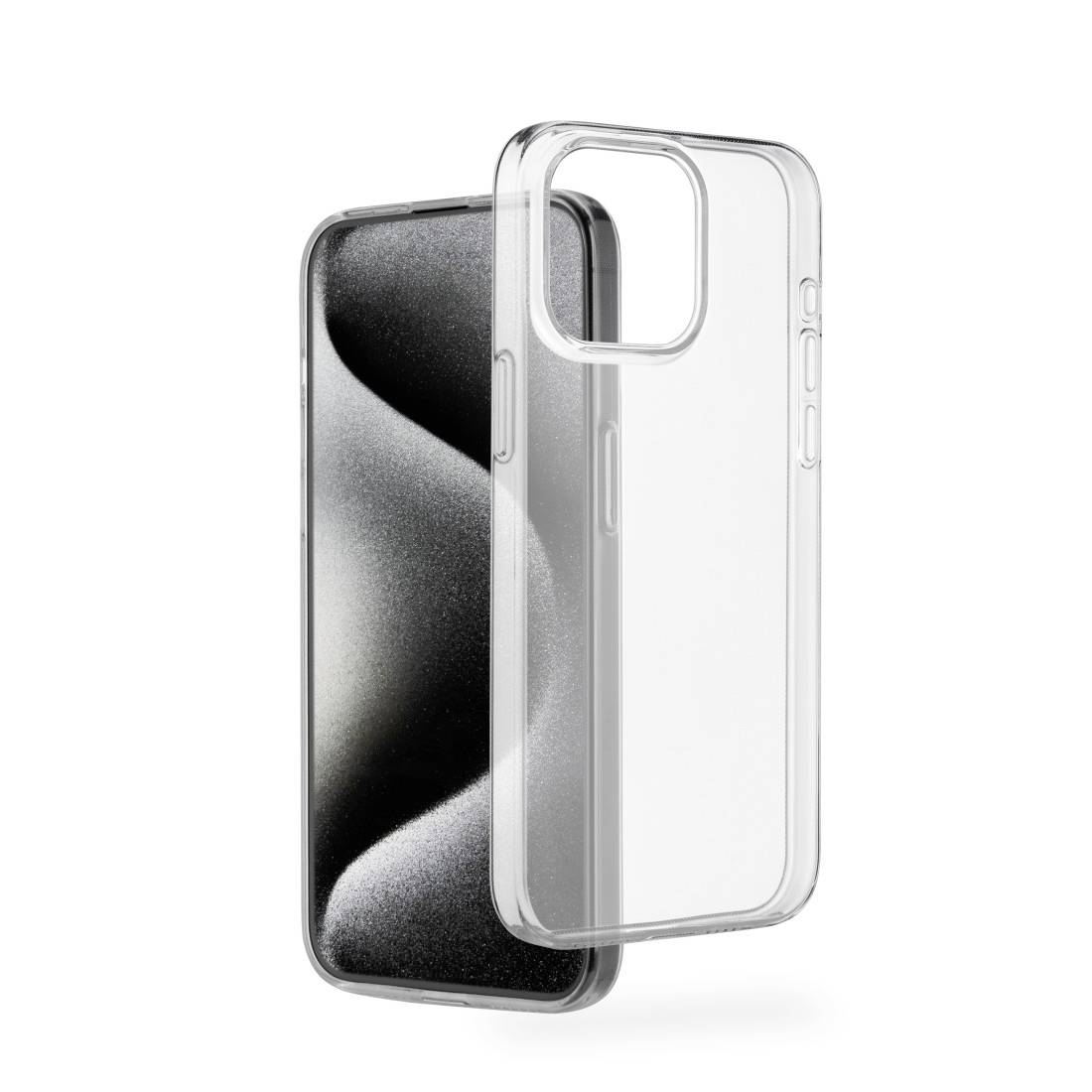 Durchsichtige Handyhülle zeigt die Rückseite und die Kanten eines Smartphones, das im Bild leicht geneigt dargestellt ist.