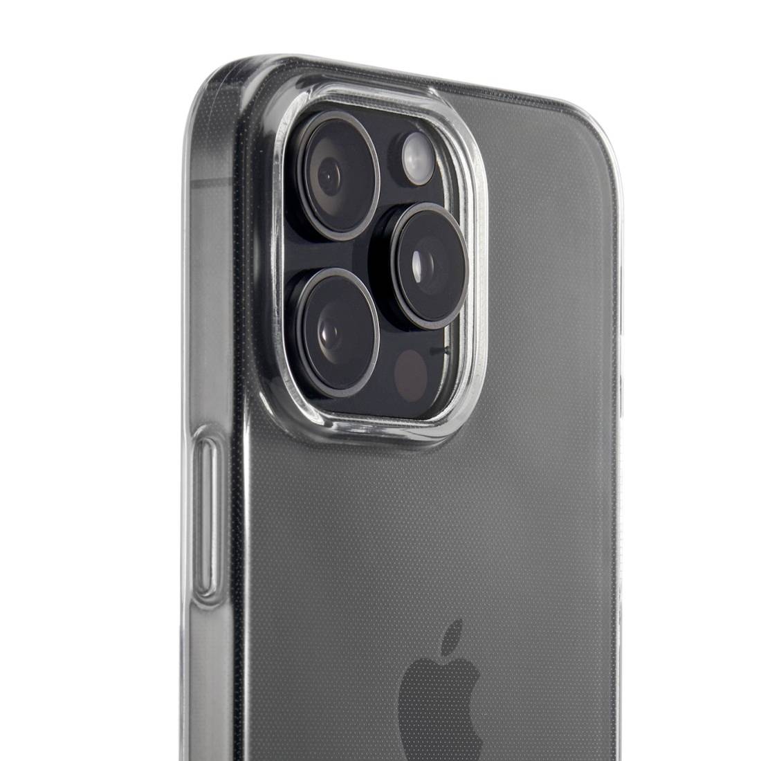 Ein Smartphone mit durchsichtigem Gehäuse zeigt die Kameralinsen auf der Rückseite. Das Apple-Logo ist sichtbar.