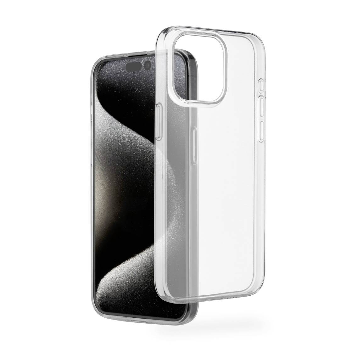 Ein Smartphone mit einem transparenten Case. Das Gerät zeigt ein abstraktes, sandähnliches Hintergrundbild auf dem Display.