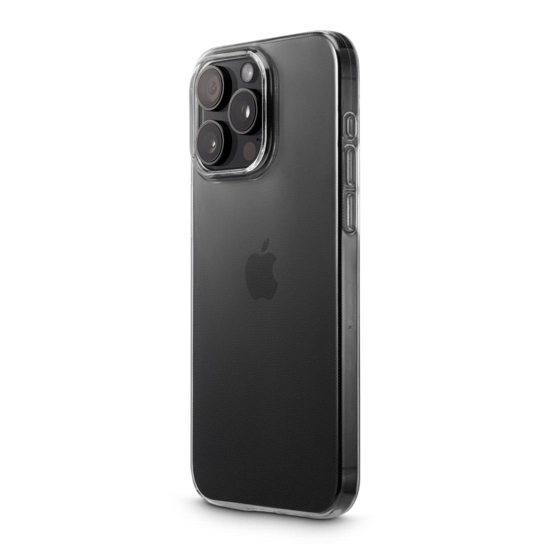 Ein schwarzes Smartphone mit einer durchsichtigen Schutzhülle, sichtbare Kameraobjektive und seitliche Tasten. Apple-Logo auf der Rückseite.
