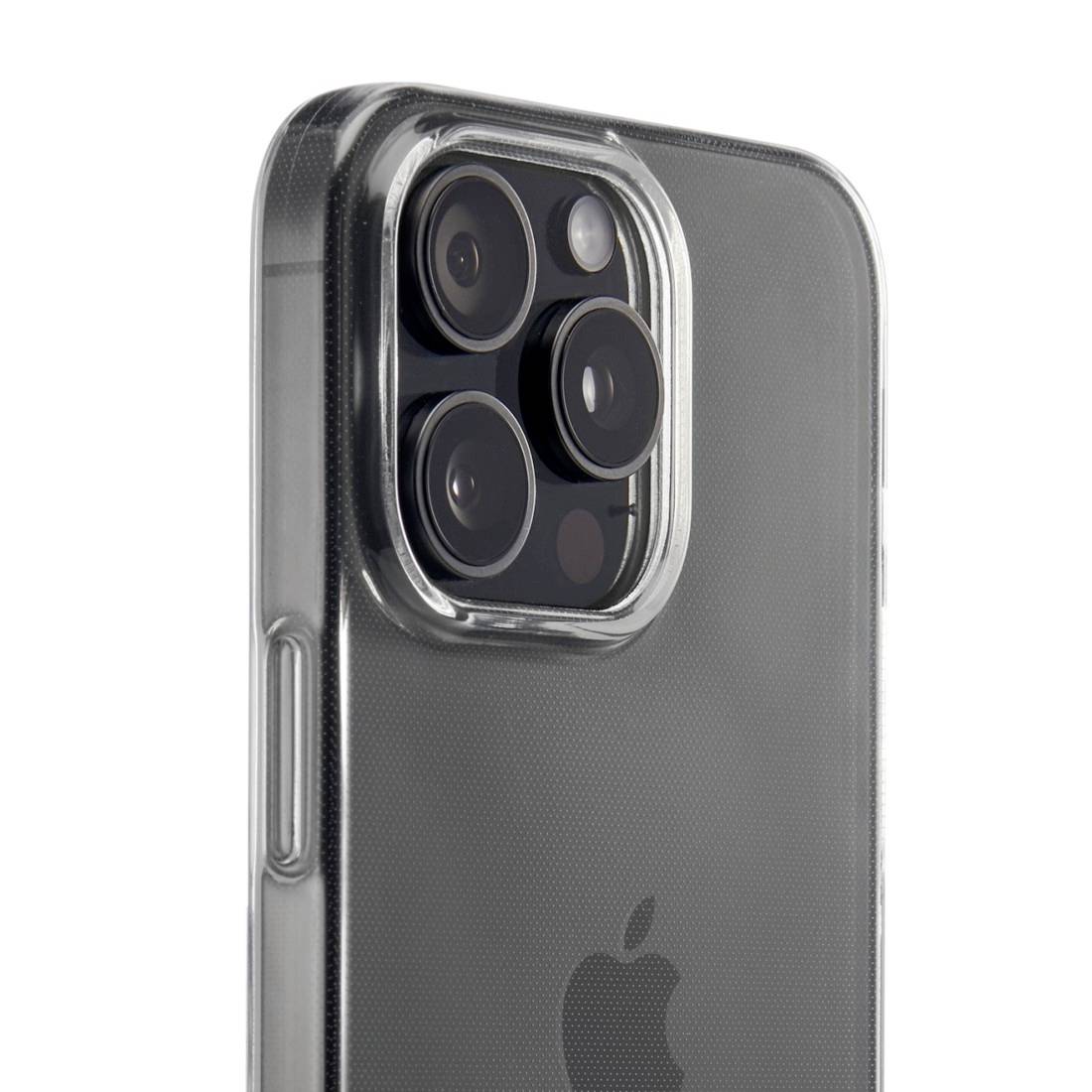 Ein Smartphone in einer durchsichtigen Hülle ist zu sehen, mit Fokus auf die mehrere Kameraobjektive auf der Rückseite.