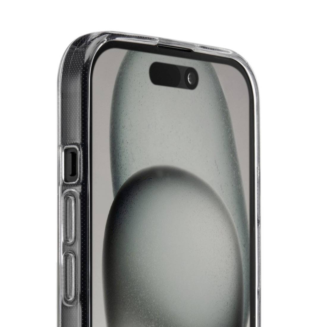 Smartphone mit grauem und schwarzem Display, Seitenansicht. Erhöhte Tasten an der Seite, Kamera und Lautsprecher oben sichtbar.