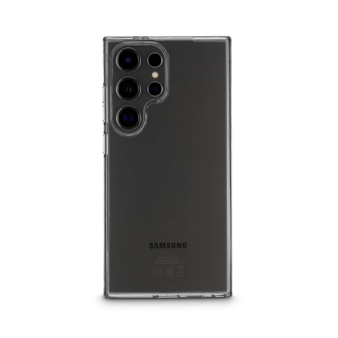 Ein Smartphone mit transparentem Gehäuse, das die Rückkamera und das Markenlogo zeigt.