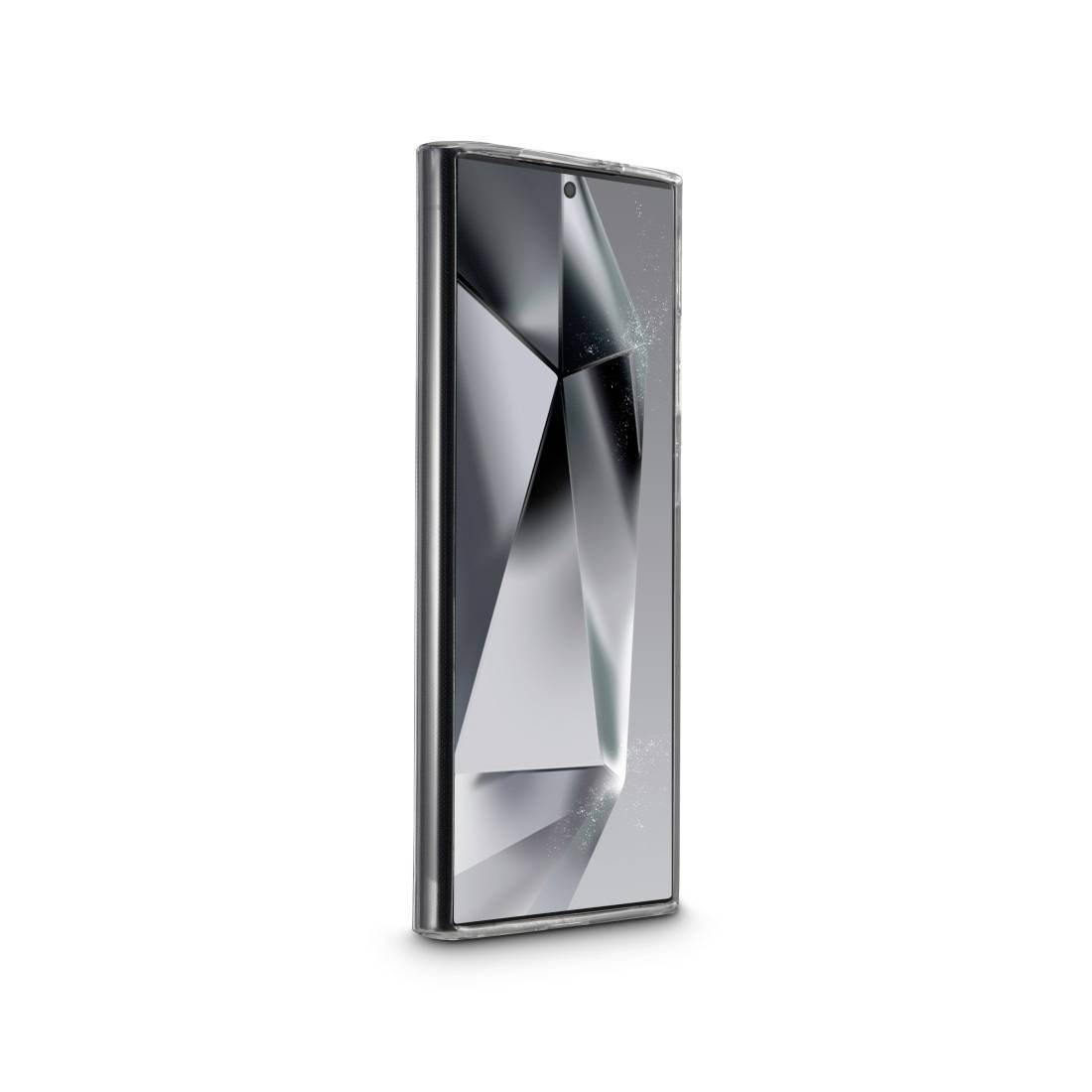 Ein modernes Smartphone mit gebogenem Display und prismatischem Hintergrund.