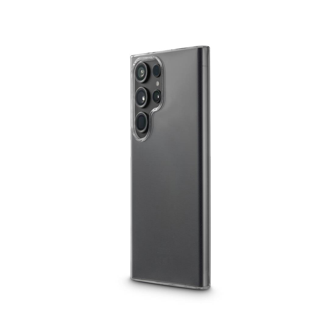 Smartphone in einer transparenten Schutzhülle, Rückseite mit vier Kameralinsen sichtbar, wirkt hochwertig und modern.