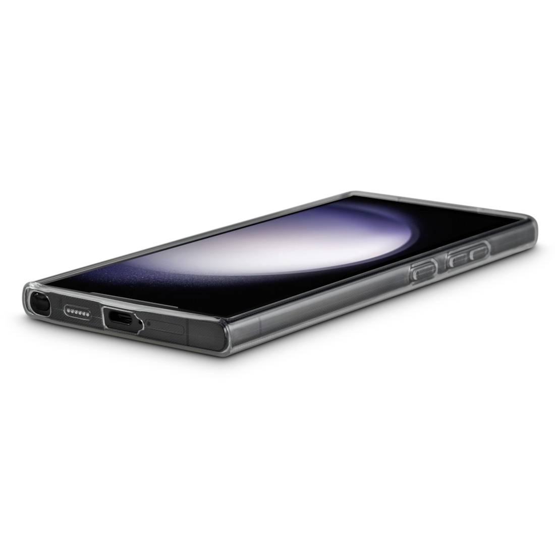 Ein modernes Smartphone mit einem schlanken Design liegt auf einer ebenen Fläche. Das Display zeigt ein abstraktes, dunkles Motiv.