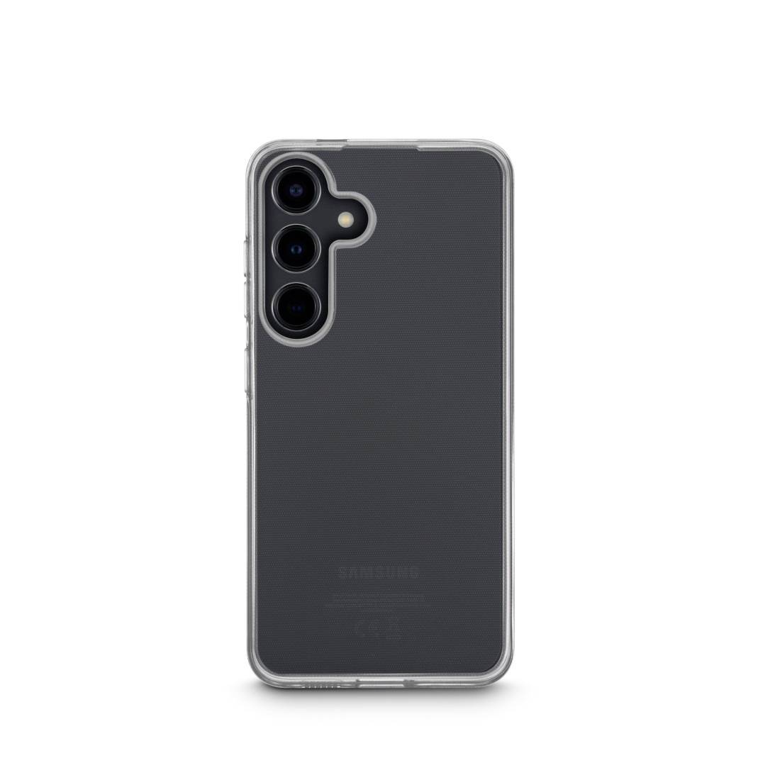 Ein Samsung-Smartphone mit drei Kameraobjektiven auf der Rückseite, in einer transparenten Schutzhülle.