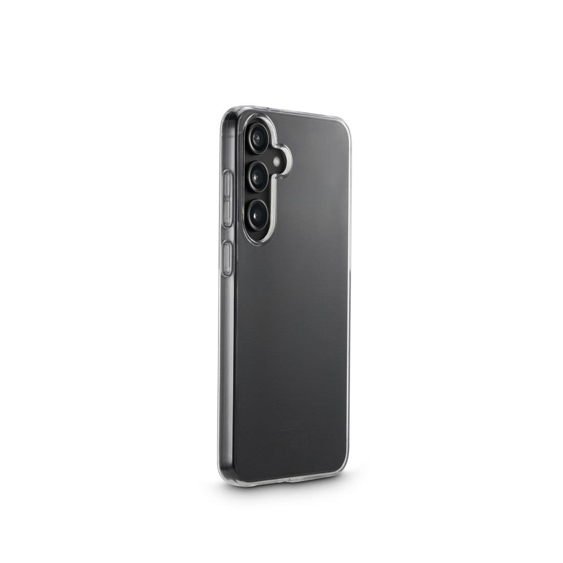 Durchsichtiges Handyhülle, die ein schwarzes Smartphone mit drei Kameras schützt.