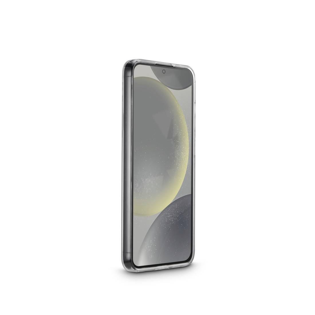 Smartphone mit abgerundeten Kanten, silbernem Rahmen und einem Display, das eine abstrakte grün-graue Illustration zeigt.