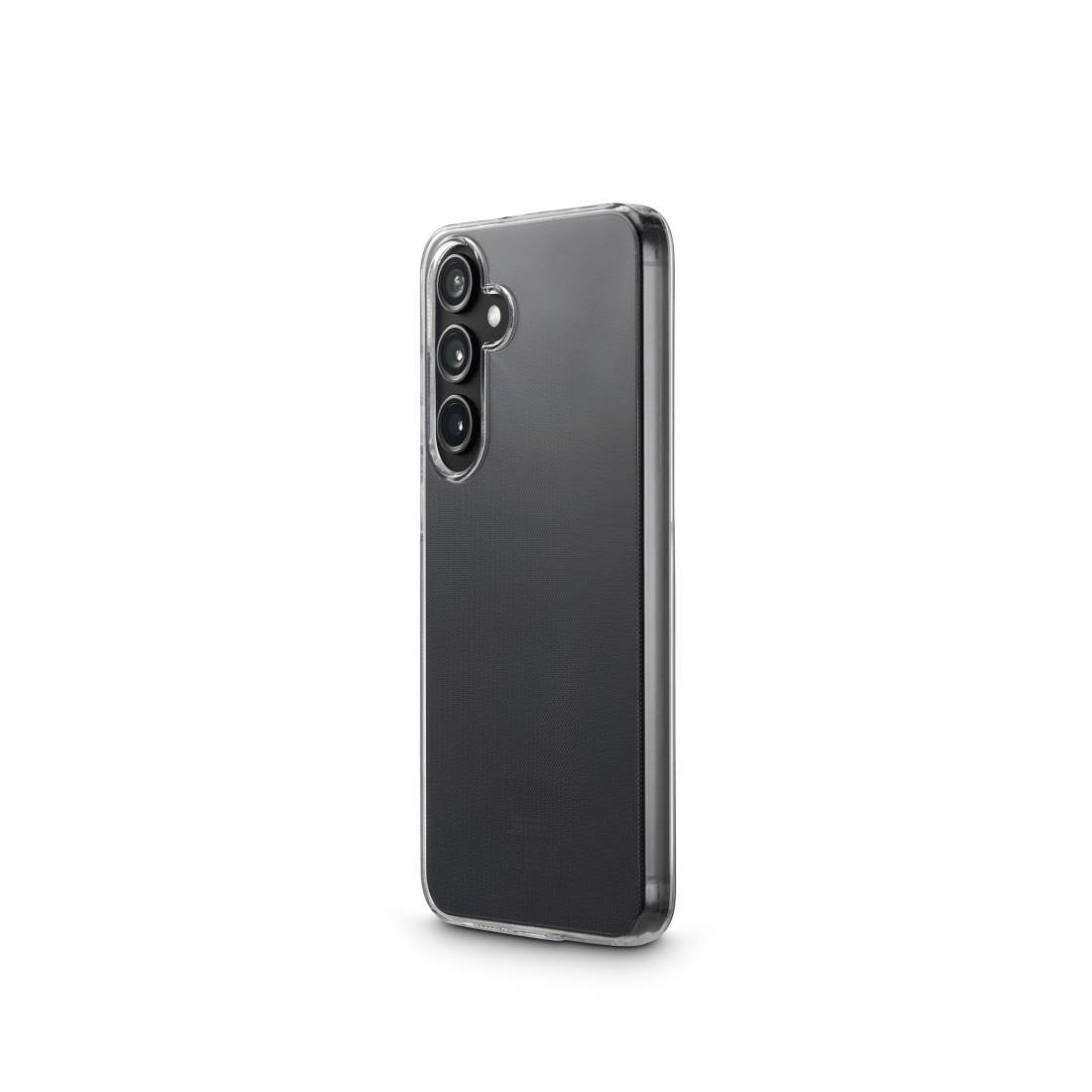Ein modernes Smartphone mit drei Kameralinsen auf der Rückseite. Es ist in einem durchsichtigen Schutzcase.