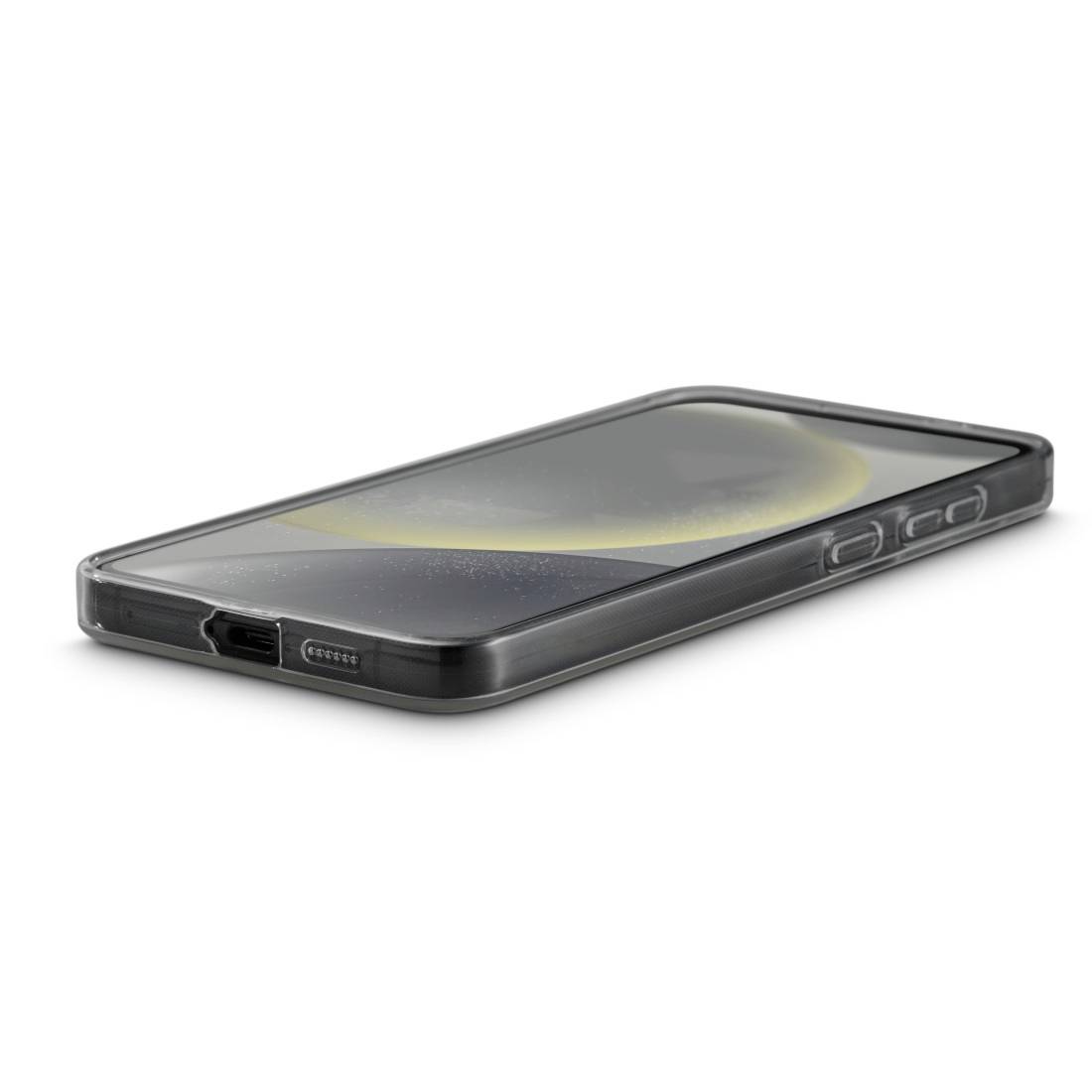Ein Smartphone liegt flach mit Blick auf das Display, auf dem ein Halbkreis in Dunkelheit zu sehen ist. Das Gerät hat eine schwarze Hülle.