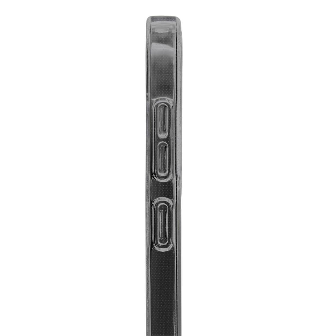 Seitenansicht eines schwarzen Smartphones, das zwei seitliche Lautstärketasten und ein kantiges Design zeigt.