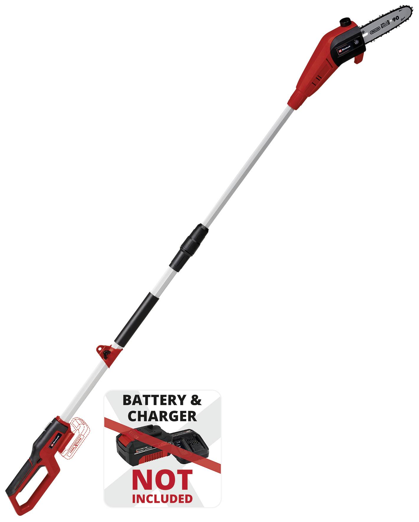 Ein roter Teleskop-Astschneider mit schwarzem Sägeblatt. Hinweistext: 'Battery & Charger Not Included'.