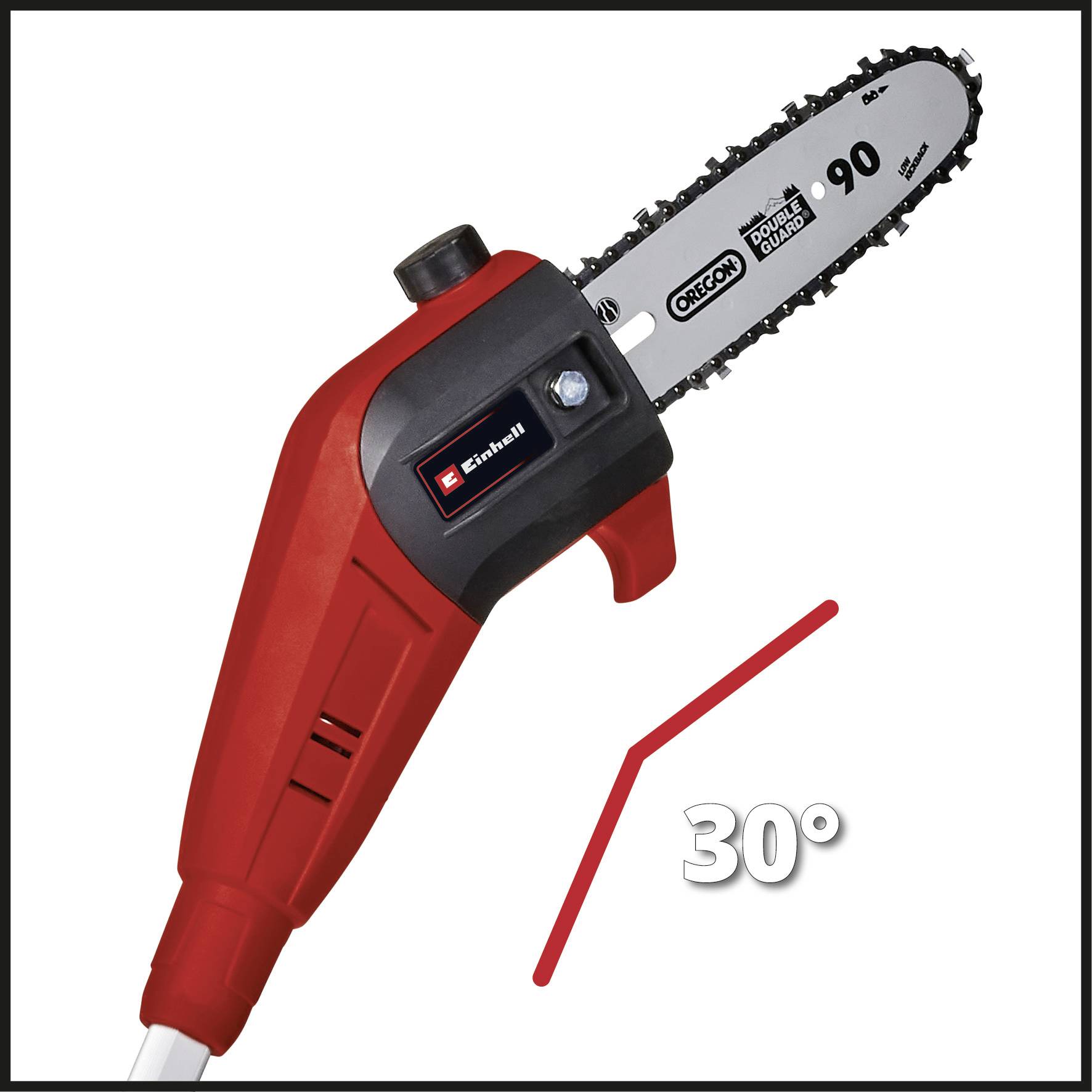 Eine rote Einhell Akku-Kettensäge mit einer 90-mm-Schwertlänge, abgebildet mit einem roten Winkel von 30 Grad als Anzeiger.