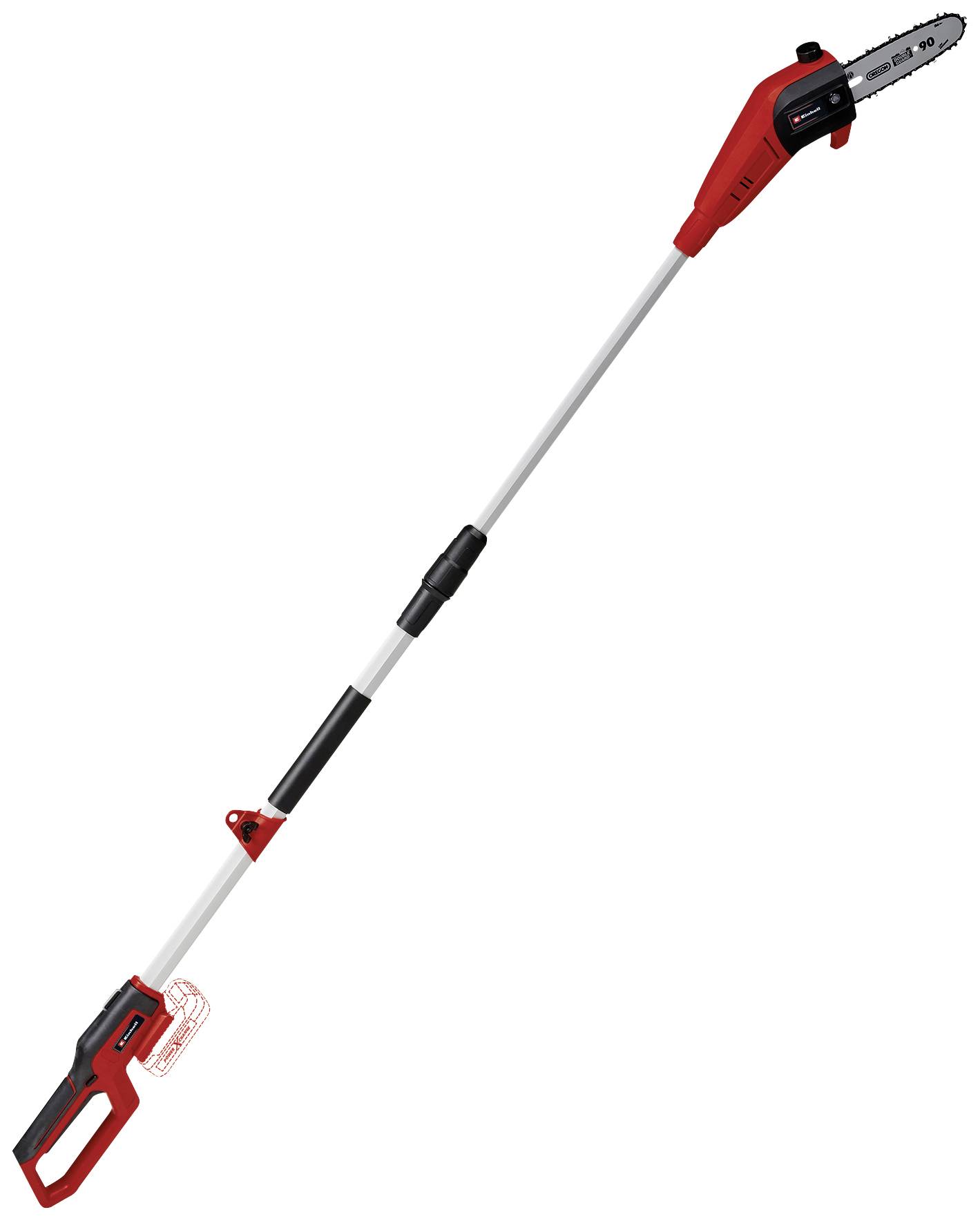 Roter teleskopischer Hochentaster mit einem langen, verstellbaren Griff und einer kleinen Kettensäge am oberen Ende. Ideal für Baumpflege.