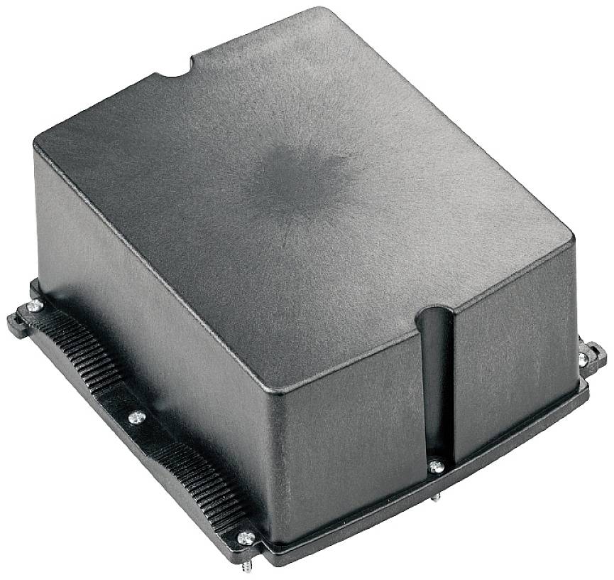 Eine schwarze, rechteckige elektronische Komponente mit Metallbefestigungen an den Ecken.