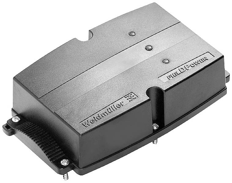 Schwarzes Gehäuse mit der Aufschrift 'Weidmüller FIELDPOWER'. Verwendet in industriellen Anwendungen zur Stromverteilung.