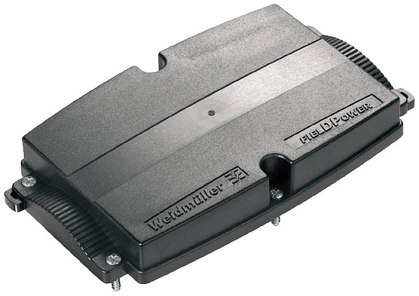Ein schwarzes elektronisches Gehäuse mit der Aufschrift 'Weidmüller' und 'FieldPower'. Es hat eine glatte, rechteckige Form.