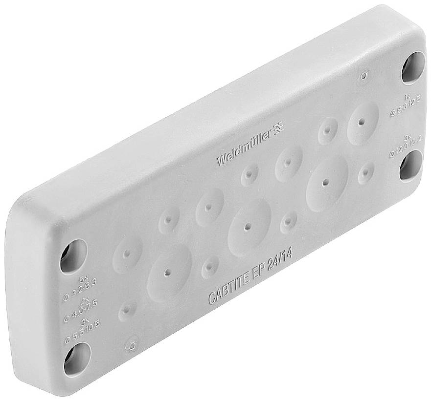 Ein rechteckiges, graues Kunststoffelement mit Löchern verschiedener Größen wird von der Marke Weidmüller zur Kabeldurchführung verwendet.