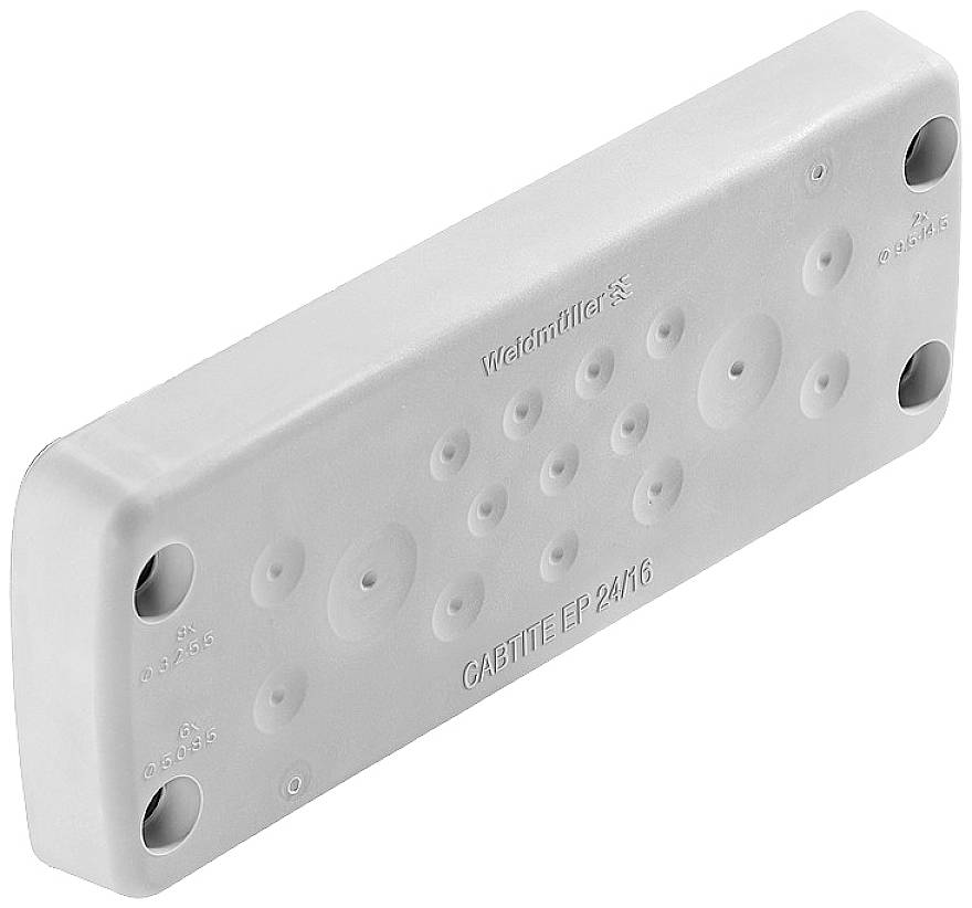Ein rechteckiges, hellgraues Isolationsgehäuse mit mehreren runden Öffnungen und eingeprägtem Text: 'CABTITE EP 24/16'. Von Weidmüller.
