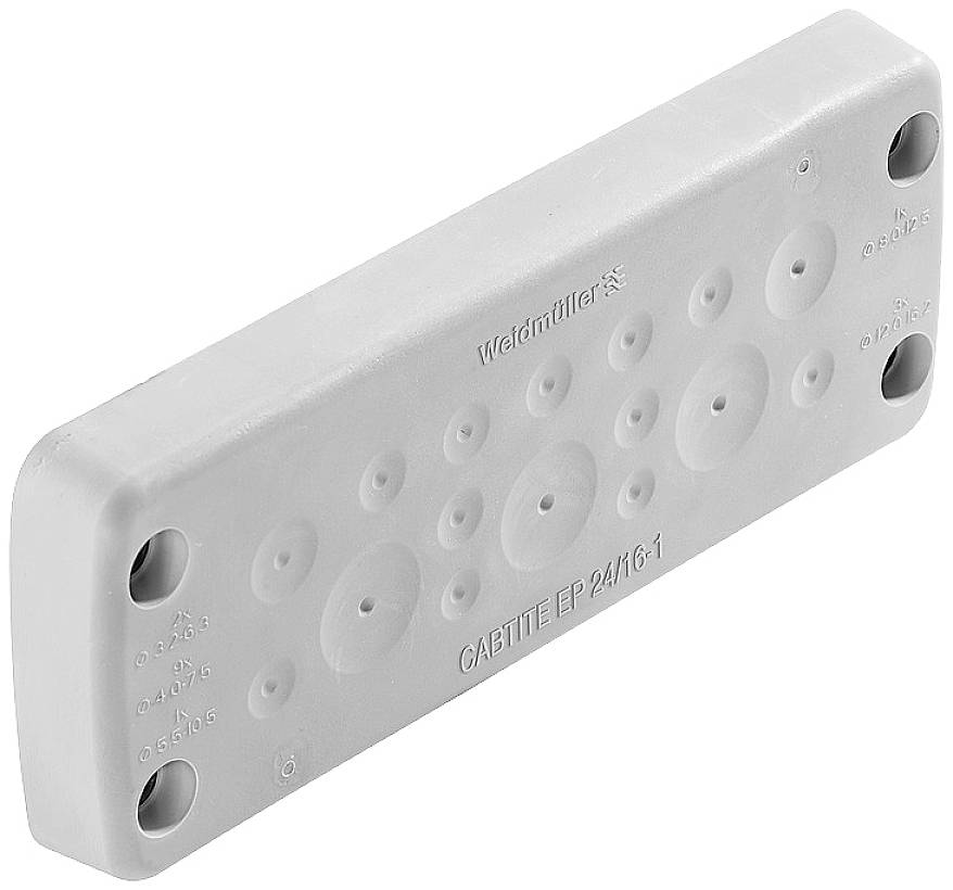 Rechteckige, weiße Kabeldurchführungsmanschette mit mehreren runden Löchern, auf denen 'Weidmüller' und 'CABTITE EP 24/16.1' steht.