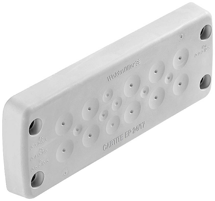 Weiße rechteckige Kabelabdichtung mit mehreren runden und ovalen Öffnungen zur Kabeldurchführung.