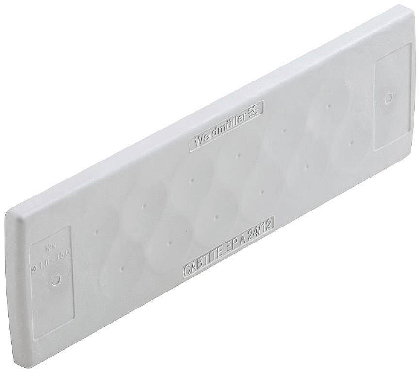 Weiße Kunststoff-Abdeckplatte mit eingeprägtem Markenlogo und Modellnummer. Produkt für industrielle Anwendungen.