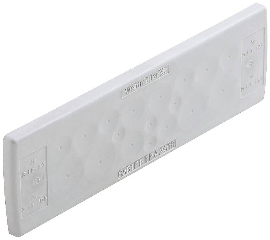 Eine weiße Abdeckplatte mit der Aufschrift 'Weidmüller' und 'CABTITEL EPA-2018', links und rechts markierte Bereiche für Anschlüsse.