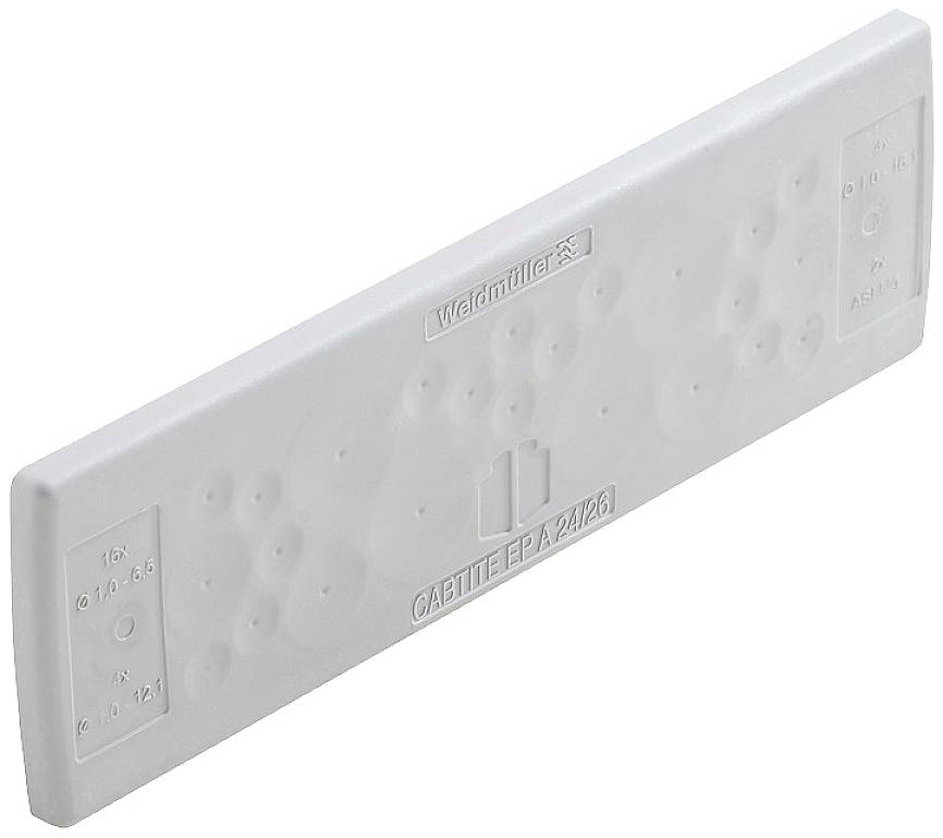 Eine weiße Kunststoffabdeckung mit der Aufschrift 'Weidmüller'. Markierungen zeigen Kabeldurchmesser und Klemmenpositionen an.