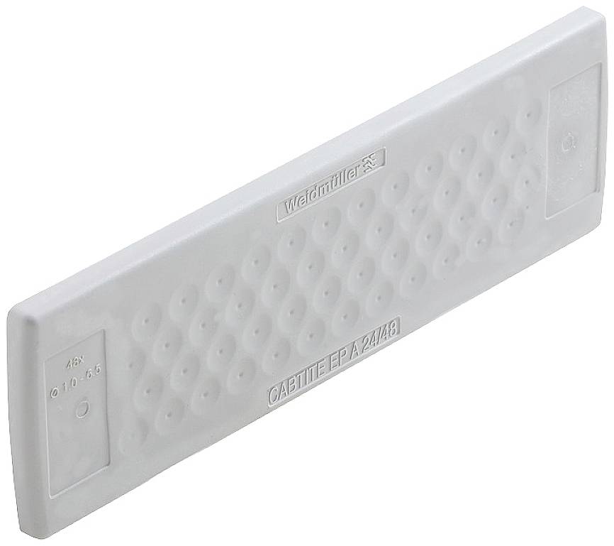 Ein weißes Weidmüller-Abdeckteil mit erhabenen Punkten und eingeprägtem Text, zum Schutz oder Abdeckung von Anschlüssen.