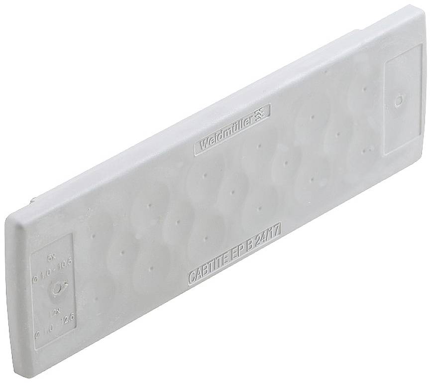 Weißes Kunststoffteil mit der Beschriftung 'Weidmüller' und 'CABTITE BP 24/17'.